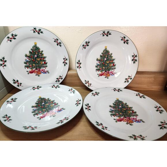 4 Christmas Tree & Gifts Dinner Plates Stoneware Noel Morning See Desc. - Picture 8 of 9